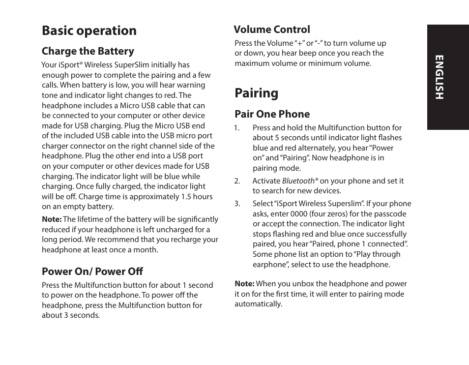 Basic operation, Pairing | Monster iSport SuperSlim Wireless Bluetooth In Ear Sport Headphones User Manual | Page 7 / 239