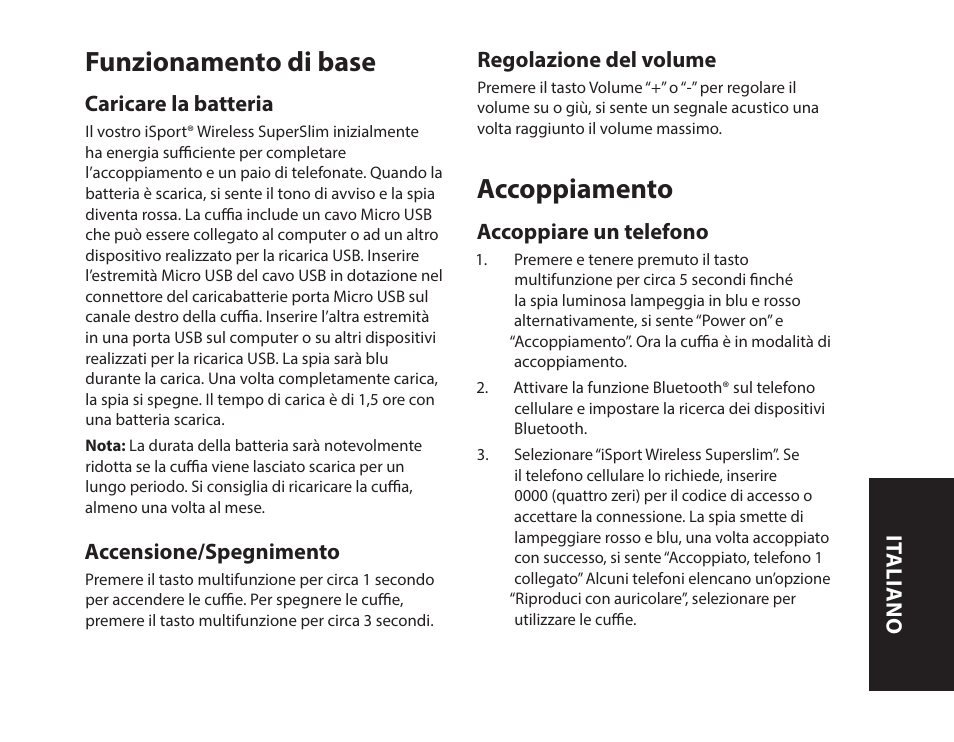 Funzionamento di base, Accoppiamento | Monster iSport SuperSlim Wireless Bluetooth In Ear Sport Headphones User Manual | Page 79 / 239