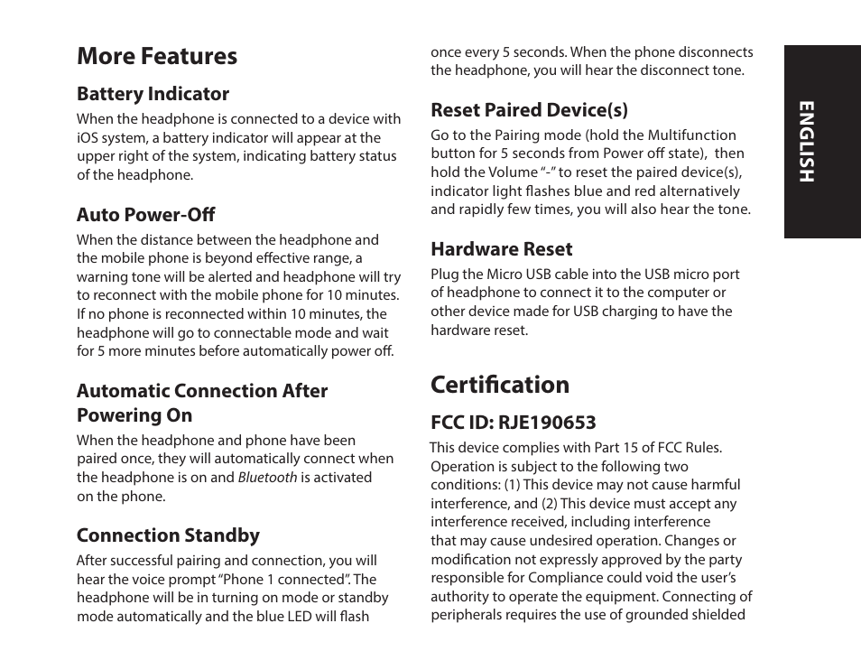 More features, Certification | Monster iSport SuperSlim Wireless Bluetooth In Ear Sport Headphones User Manual | Page 9 / 239