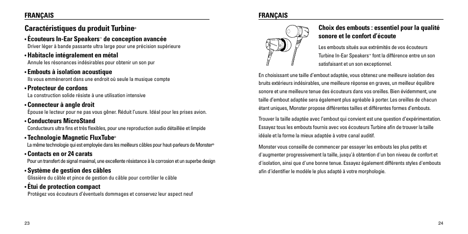 Caractéristiques du produit turbine, Français, Écouteurs in-ear speakers | De conception avancée, Habitacle intégralement en métal, Embouts à isolation acoustique, Protecteur de cordons, Connecteur à angle droit, Conducteurs microstand, Technologie magnetic fluxtube | Monster Turbine High Performance In-Ear Speakers User Manual | Page 13 / 27
