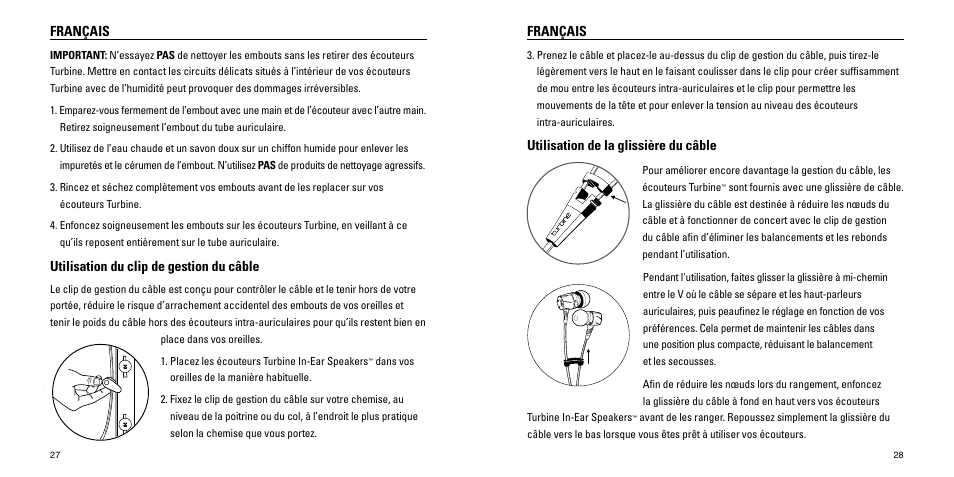 Français, Utilisation du clip de gestion du câble, Utilisation de la glissière du câble | Monster Turbine High Performance In-Ear Speakers User Manual | Page 15 / 27