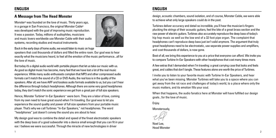 English, English a message from the head monster | Monster Turbine High Performance In-Ear Speakers User Manual | Page 2 / 27