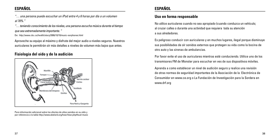 Español, Fisiología del oído y de la audición, Uso en forma responsable | Monster Turbine High Performance In-Ear Speakers User Manual | Page 20 / 27