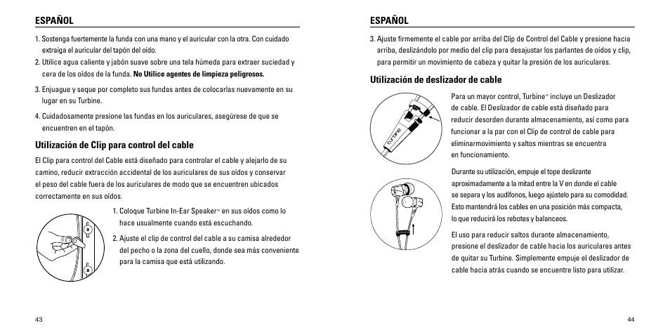 Español, Utilización de clip para control del cable, Utilización de deslizador de cable | Monster Turbine High Performance In-Ear Speakers User Manual | Page 23 / 27