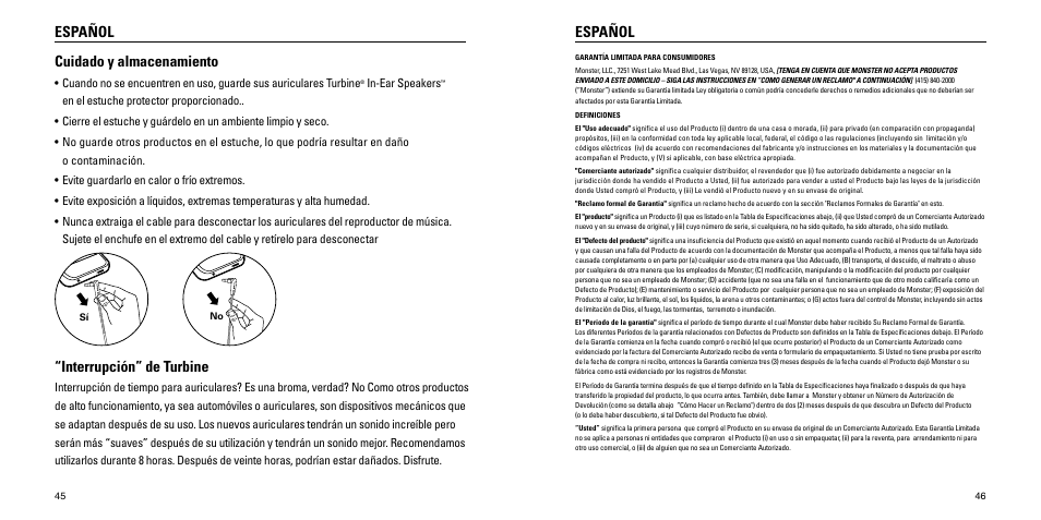Español, Español cuidado y almacenamiento, Interrupción” de turbine | Monster Turbine High Performance In-Ear Speakers User Manual | Page 24 / 27