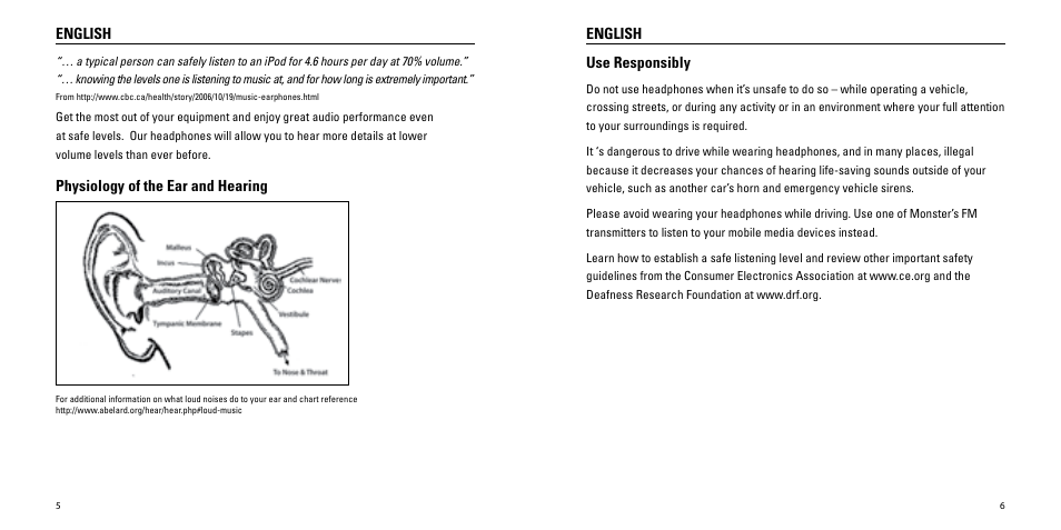 English, Physiology of the ear and hearing, Use responsibly | Monster Turbine High Performance In-Ear Speakers User Manual | Page 4 / 27