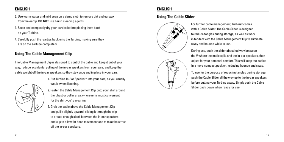 English, Using the cable management clip, Using the cable slider | Monster Turbine High Performance In-Ear Speakers User Manual | Page 7 / 27