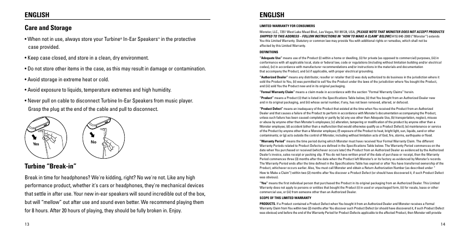 English, English care and storage, Turbine “break-in | Monster Turbine High Performance In-Ear Speakers User Manual | Page 8 / 27