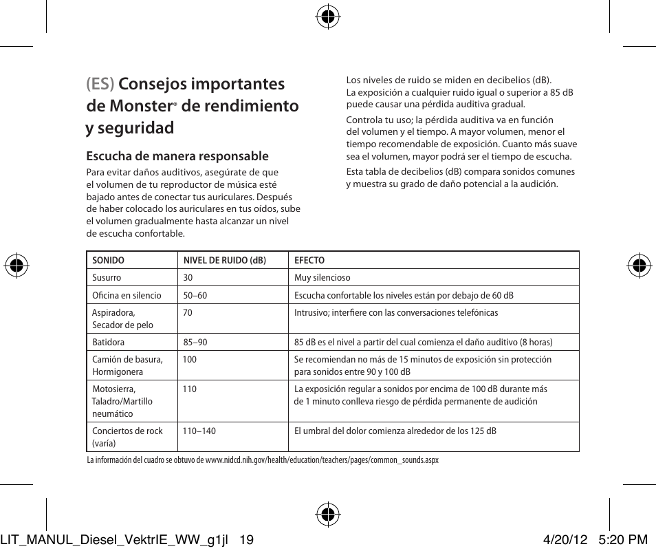 Es) consejos importantes de monster, De rendimiento y seguridad | Monster Diesel VEKTR In-Ear Headphones User Manual | Page 19 / 84