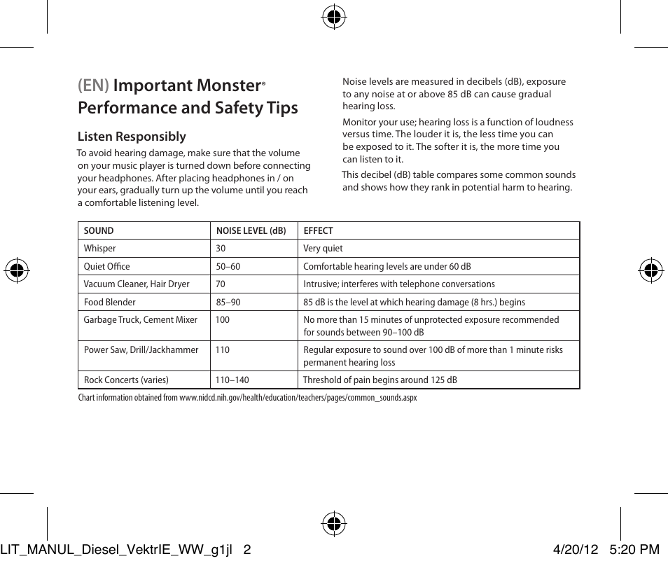 En) important monster, Performance and safety tips, Listen responsibly | Monster Diesel VEKTR In-Ear Headphones User Manual | Page 2 / 84