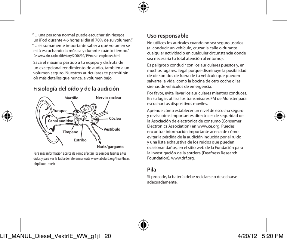 Fisiología del oído y de la audición, Uso responsable, Pila | Monster Diesel VEKTR In-Ear Headphones User Manual | Page 20 / 84