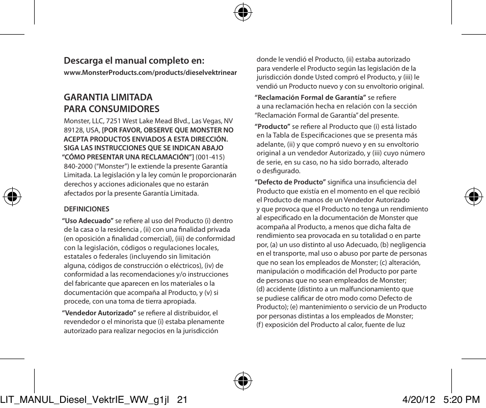 Descarga el manual completo en, Garantia limitada para consumidores | Monster Diesel VEKTR In-Ear Headphones User Manual | Page 21 / 84