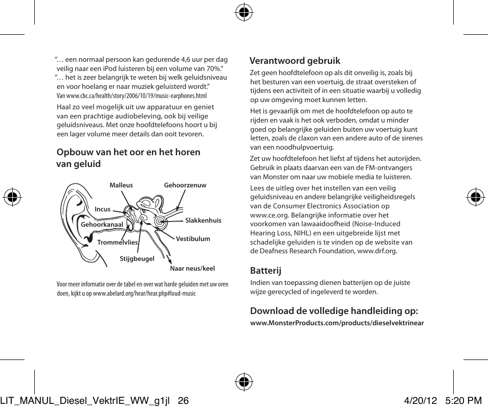 Opbouw van het oor en het horen van geluid, Verantwoord gebruik, Batterij | Download de volledige handleiding op | Monster Diesel VEKTR In-Ear Headphones User Manual | Page 26 / 84