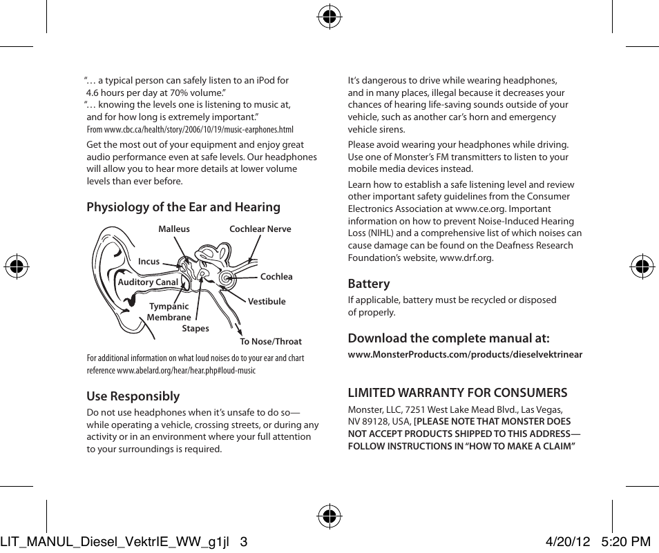 Physiology of the ear and hearing, Use responsibly, Battery | Download the complete manual at, Limited warranty for consumers | Monster Diesel VEKTR In-Ear Headphones User Manual | Page 3 / 84