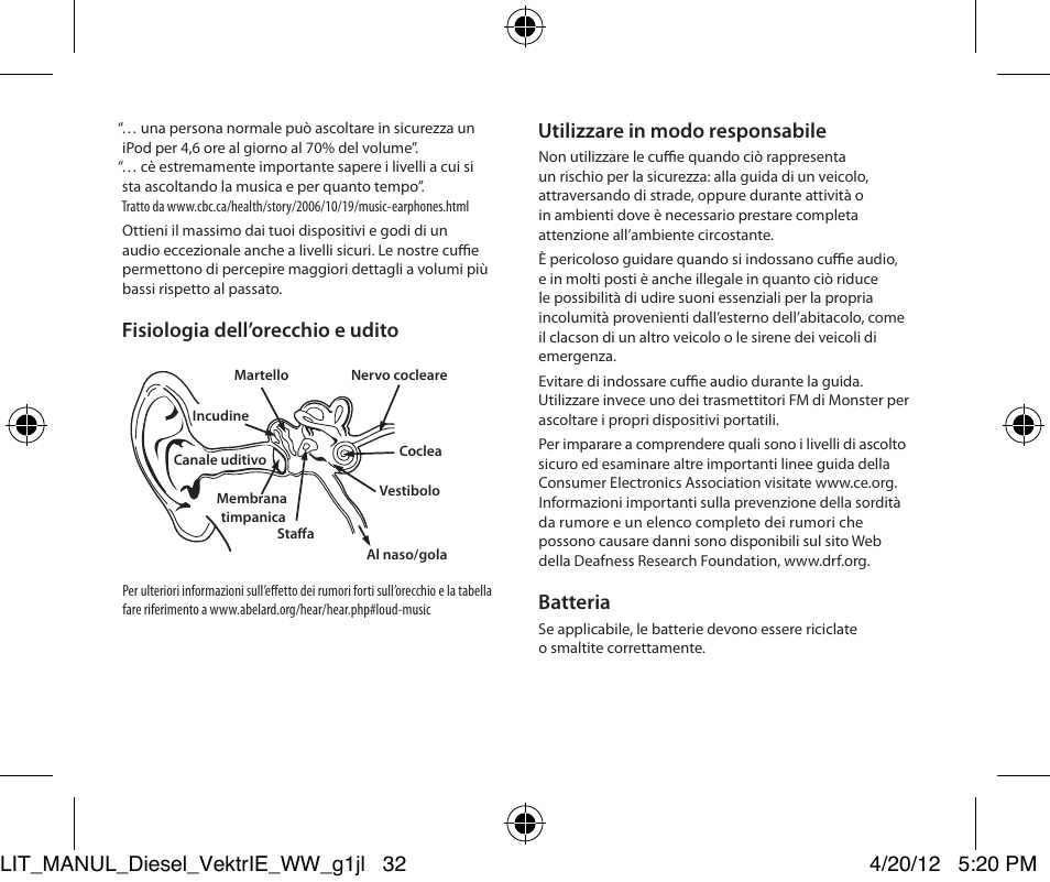 Fisiologia dell’orecchio e udito, Utilizzare in modo responsabile, Batteria | Monster Diesel VEKTR In-Ear Headphones User Manual | Page 32 / 84