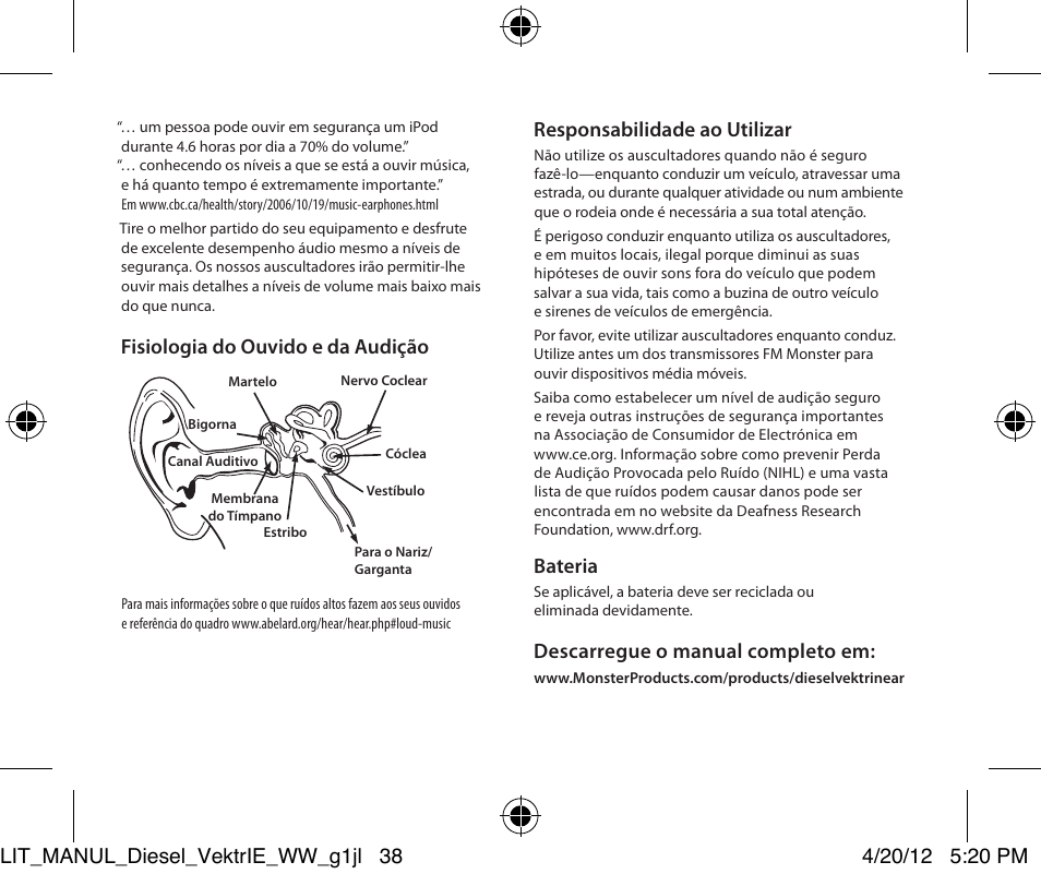 Fisiologia do ouvido e da audição, Responsabilidade ao utilizar, Bateria | Descarregue o manual completo em | Monster Diesel VEKTR In-Ear Headphones User Manual | Page 38 / 84