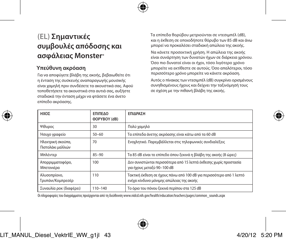 Υπεύθυνη ακρόαση | Monster Diesel VEKTR In-Ear Headphones User Manual | Page 43 / 84
