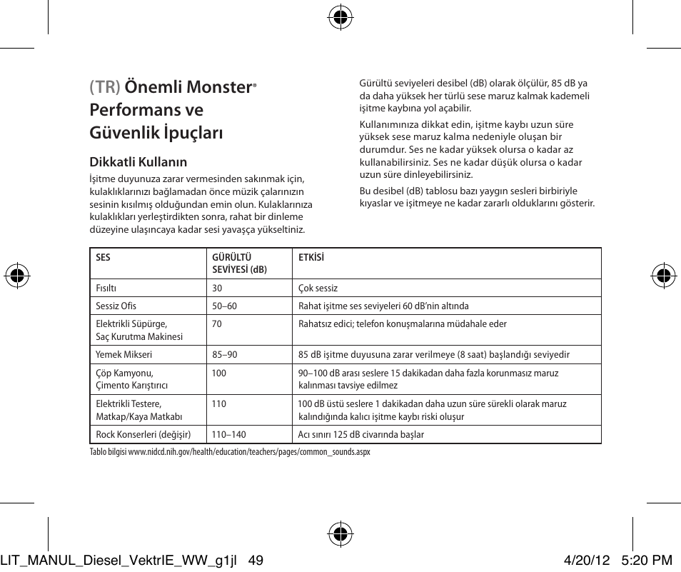 Tr) önemli monster, Performans ve güvenlik ipuçları | Monster Diesel VEKTR In-Ear Headphones User Manual | Page 49 / 84