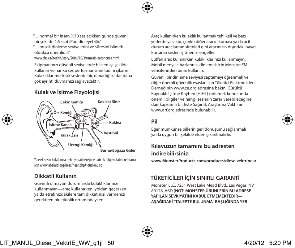 Kulak ve işitme fizyolojisi, Dikkatli kullanın, Kılavuzun tamamını bu adresten indirebilirsiniz | Tüketiciler için sinirli garanti | Monster Diesel VEKTR In-Ear Headphones User Manual | Page 50 / 84