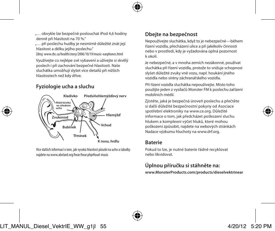 Fyziologie ucha a sluchu, Dbejte na bezpečnost, Baterie | Úplnou příručku si stáhněte na | Monster Diesel VEKTR In-Ear Headphones User Manual | Page 55 / 84