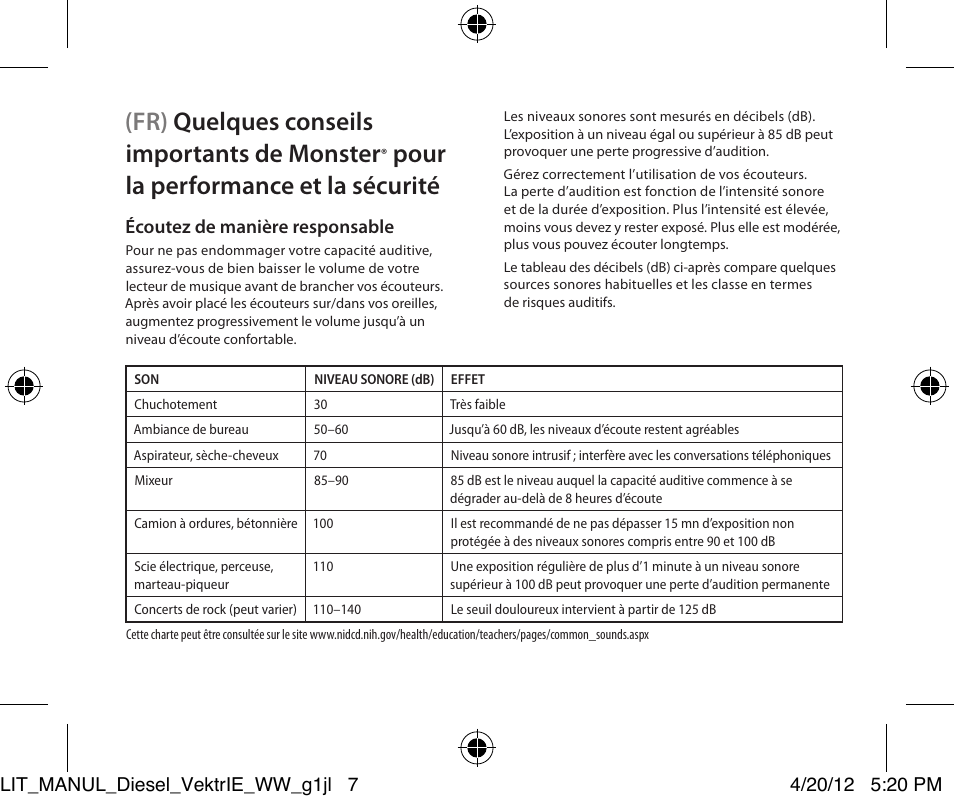 Fr) quelques conseils importants de monster, Pour la performance et la sécurité | Monster Diesel VEKTR In-Ear Headphones User Manual | Page 7 / 84