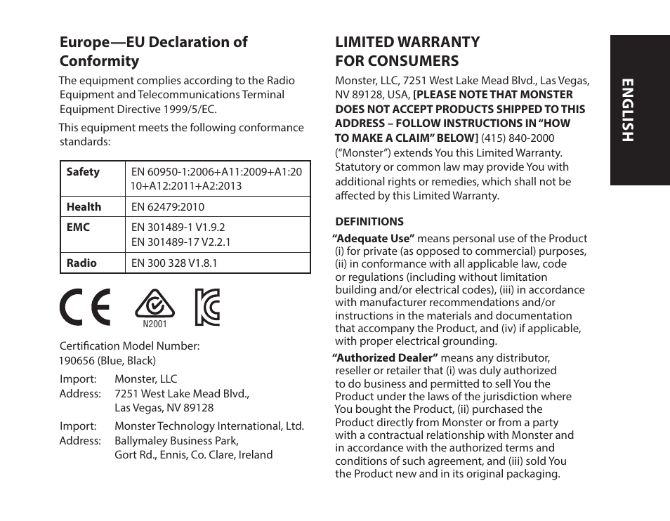 Europe—eu declaration of conformity, Limited warranty for consumers, English | Monster iSport Bluetooth Wireless In Ear Sport Headphones User Manual | Page 11 / 232