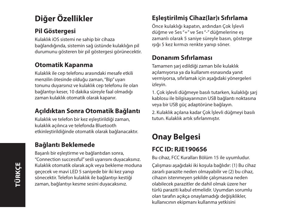 Diğer özellikler, Onay belgesi | Monster iSport Bluetooth Wireless In Ear Sport Headphones User Manual | Page 120 / 232