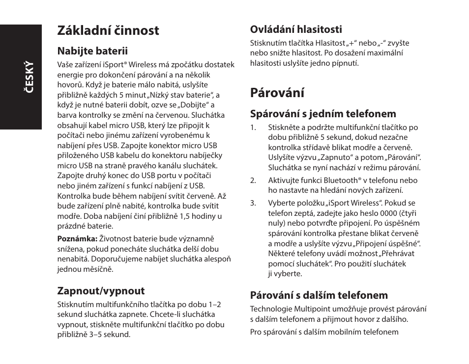 Základní činnost, Párování | Monster iSport Bluetooth Wireless In Ear Sport Headphones User Manual | Page 130 / 232
