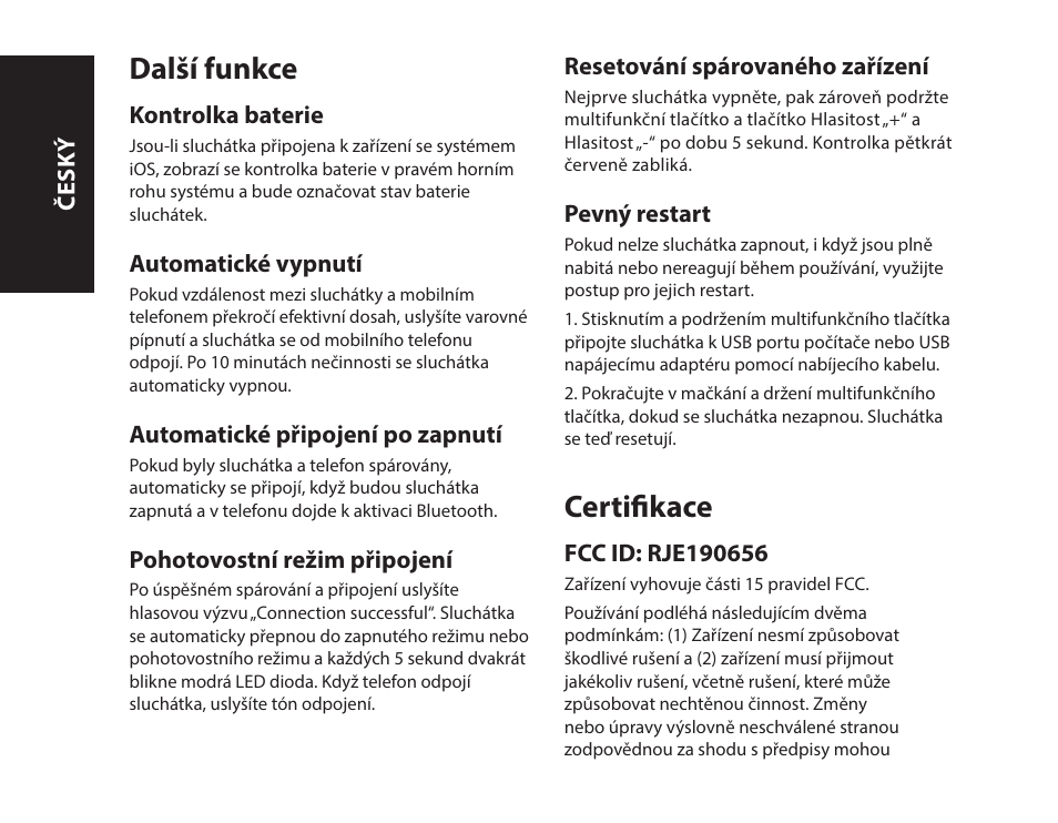 Další funkce, Certifikace | Monster iSport Bluetooth Wireless In Ear Sport Headphones User Manual | Page 132 / 232