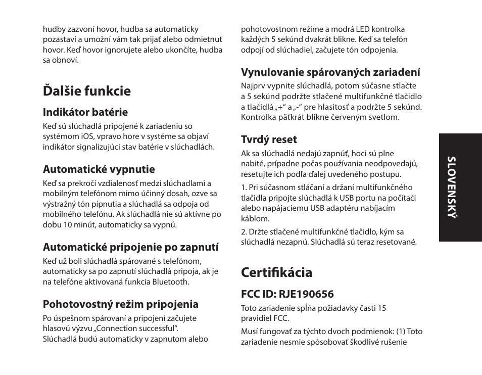 Ďalšie funkcie, Certifikácia | Monster iSport Bluetooth Wireless In Ear Sport Headphones User Manual | Page 145 / 232