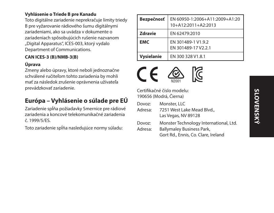 Európa – vyhlásenie o súlade pre eú, Sl o vensk ý | Monster iSport Bluetooth Wireless In Ear Sport Headphones User Manual | Page 147 / 232