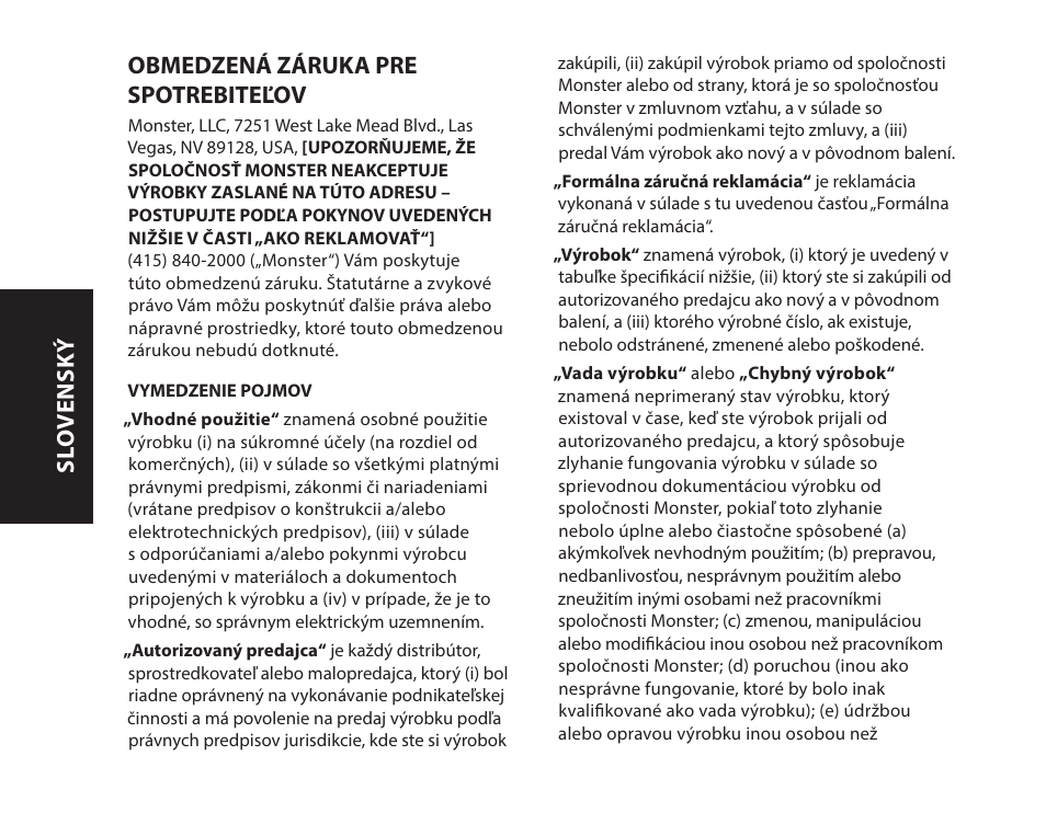 Obmedzená záruka pre spotrebiteľov, Sl o vensk ý | Monster iSport Bluetooth Wireless In Ear Sport Headphones User Manual | Page 148 / 232