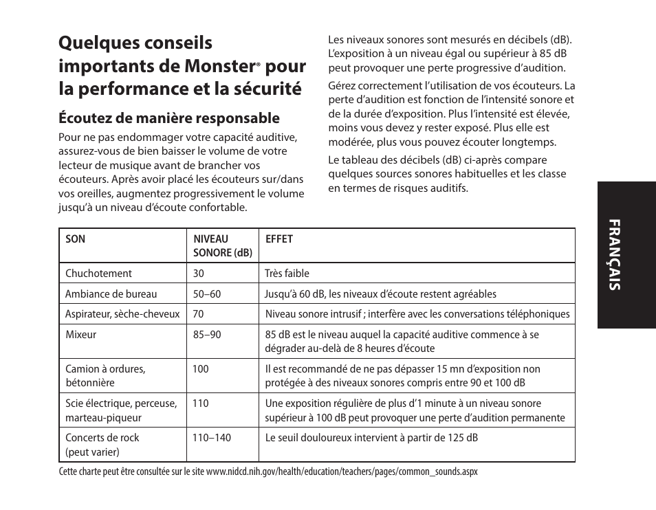 Quelques conseils importants de monster, Pour la performance et la sécurité, Écoutez de manière responsable | Fr anç ais | Monster iSport Bluetooth Wireless In Ear Sport Headphones User Manual | Page 15 / 232