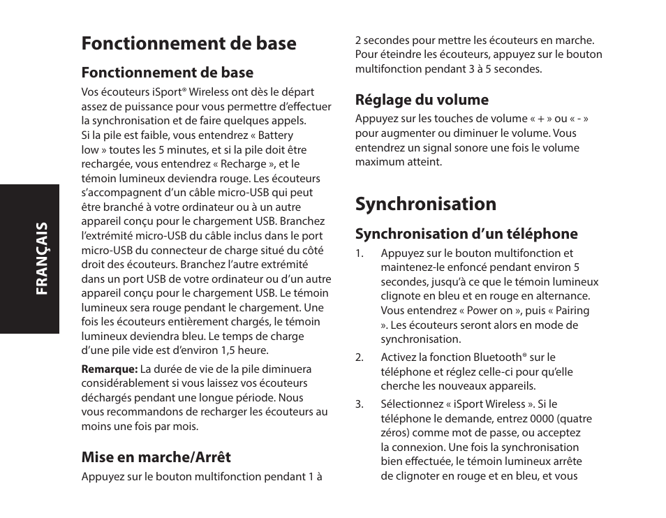 Fonctionnement de base, Synchronisation | Monster iSport Bluetooth Wireless In Ear Sport Headphones User Manual | Page 20 / 232