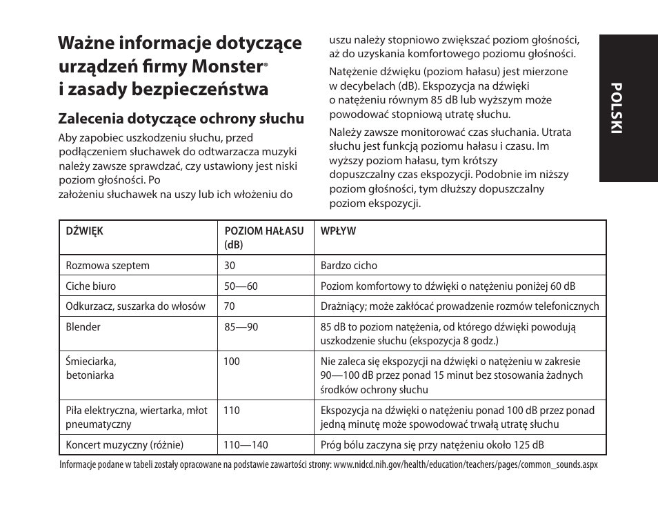 Ważne informacje dotyczące urządzeń firmy monster, I zasady bezpieczeństwa, Zalecenia dotyczące ochrony słuchu | Polski | Monster iSport Bluetooth Wireless In Ear Sport Headphones User Manual | Page 217 / 232