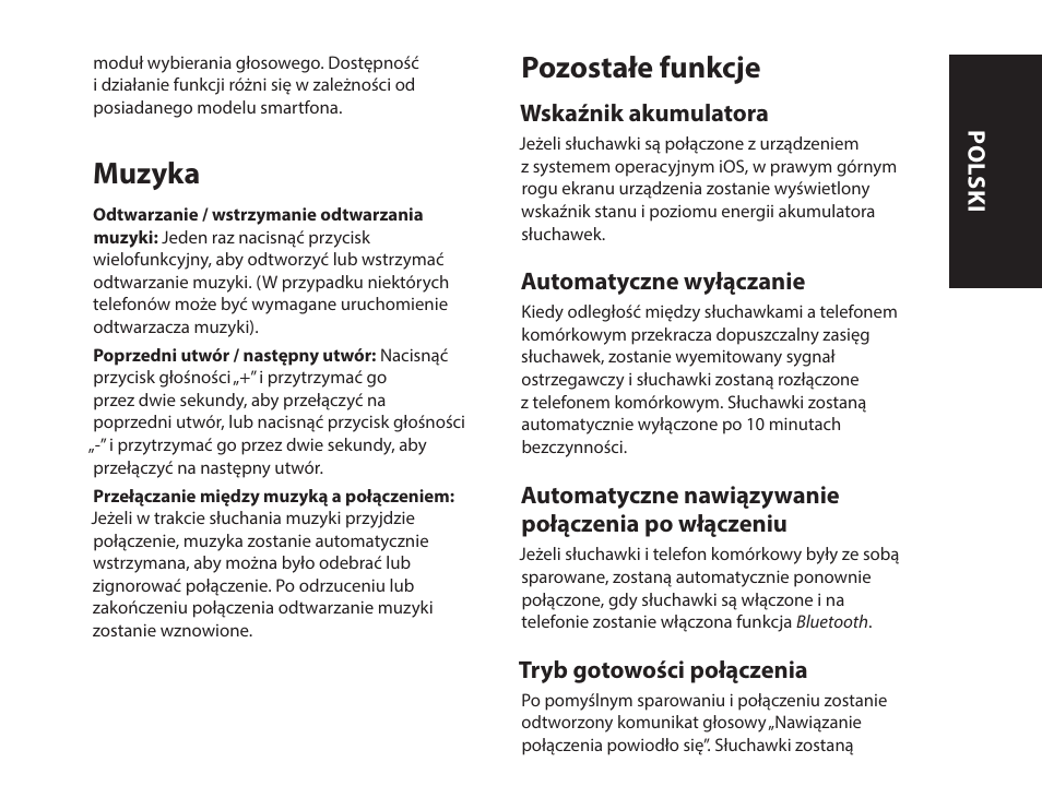 Muzyka, Pozostałe funkcje | Monster iSport Bluetooth Wireless In Ear Sport Headphones User Manual | Page 223 / 232