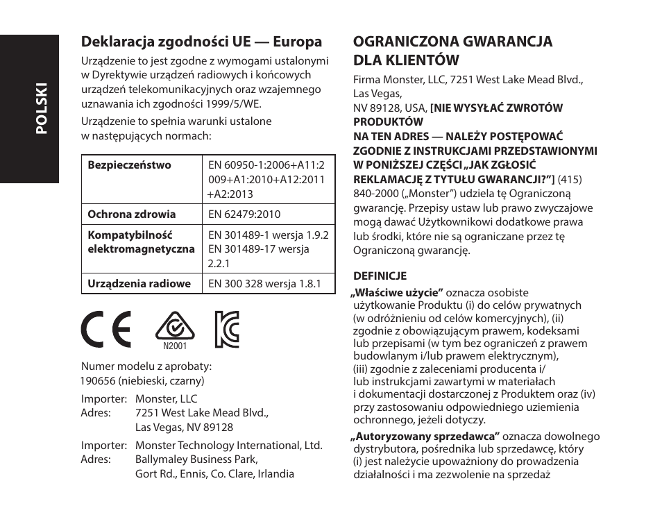 Ograniczona gwarancja dla klientów, Deklaracja zgodności ue — europa, Polski | Monster iSport Bluetooth Wireless In Ear Sport Headphones User Manual | Page 226 / 232