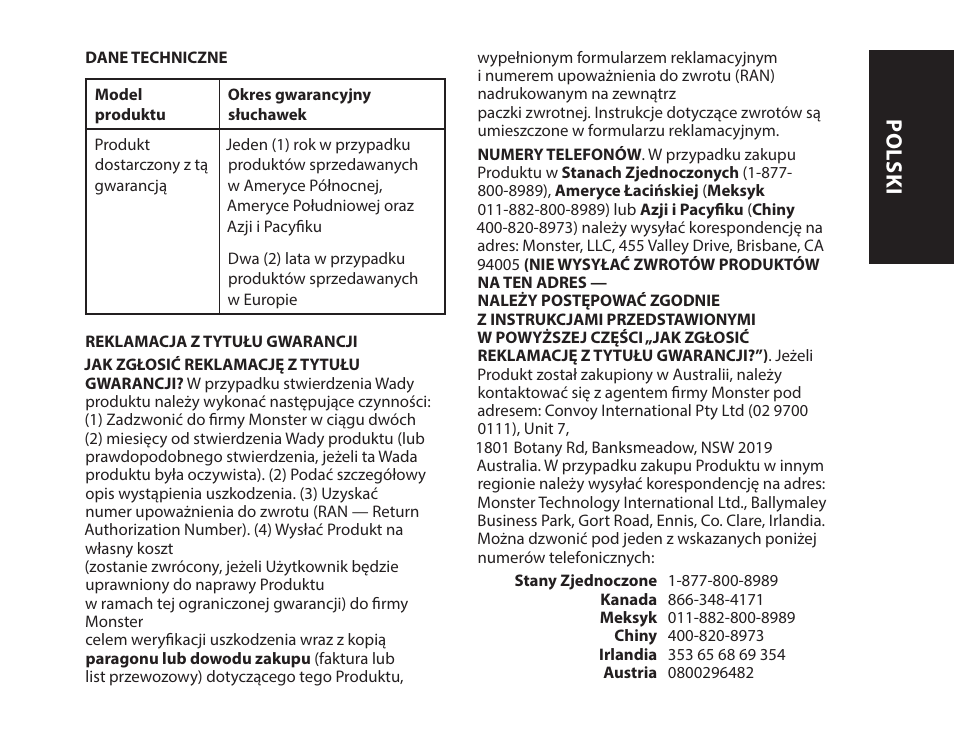 Polski | Monster iSport Bluetooth Wireless In Ear Sport Headphones User Manual | Page 229 / 232