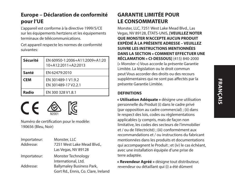 Europe – déclaration de conformité pour l’ue, Garantie limitée pour le consommateur, Fr anç ais | Monster iSport Bluetooth Wireless In Ear Sport Headphones User Manual | Page 25 / 232