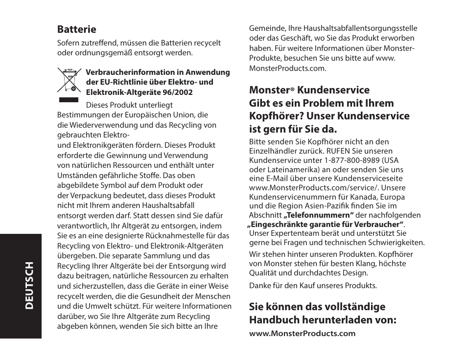 Batterie, Deut sch | Monster iSport Bluetooth Wireless In Ear Sport Headphones User Manual | Page 32 / 232