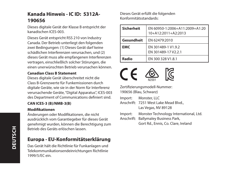 Europa - eu-konformitätserklärung, Deut sch | Monster iSport Bluetooth Wireless In Ear Sport Headphones User Manual | Page 38 / 232