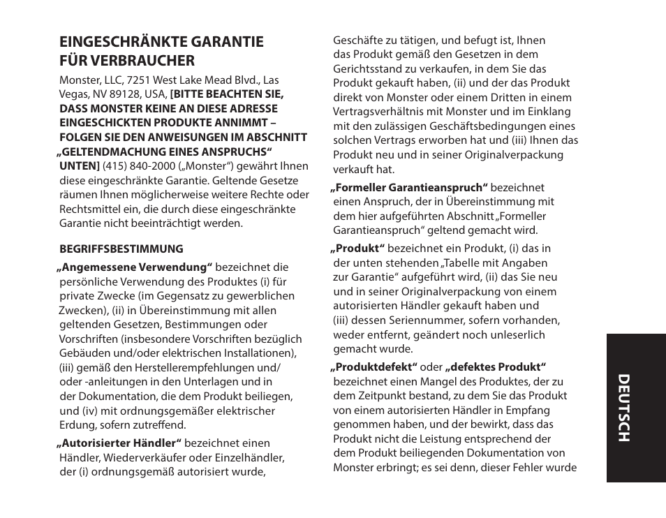 Eingeschränkte garantie für verbraucher, Deut sch | Monster iSport Bluetooth Wireless In Ear Sport Headphones User Manual | Page 39 / 232