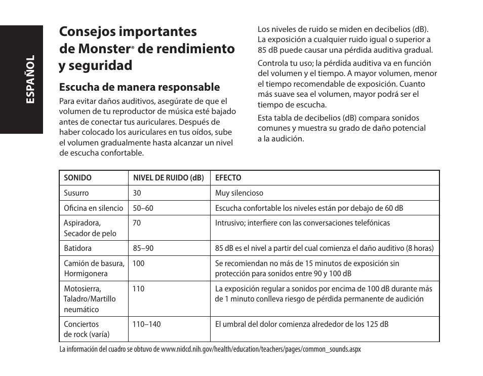 Consejos importantes de monster, De rendimiento y seguridad, Escucha de manera responsable | Esp añol | Monster iSport Bluetooth Wireless In Ear Sport Headphones User Manual | Page 44 / 232