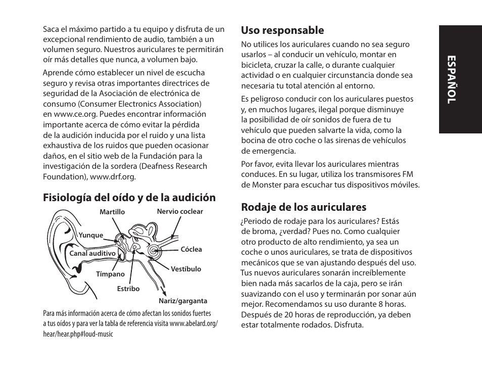 Fisiología del oído y de la audición, Uso responsable, Rodaje de los auriculares | Esp añol | Monster iSport Bluetooth Wireless In Ear Sport Headphones User Manual | Page 45 / 232