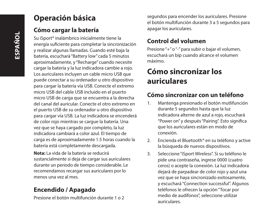 Operación básica, Cómo sincronizar los auriculares | Monster iSport Bluetooth Wireless In Ear Sport Headphones User Manual | Page 48 / 232