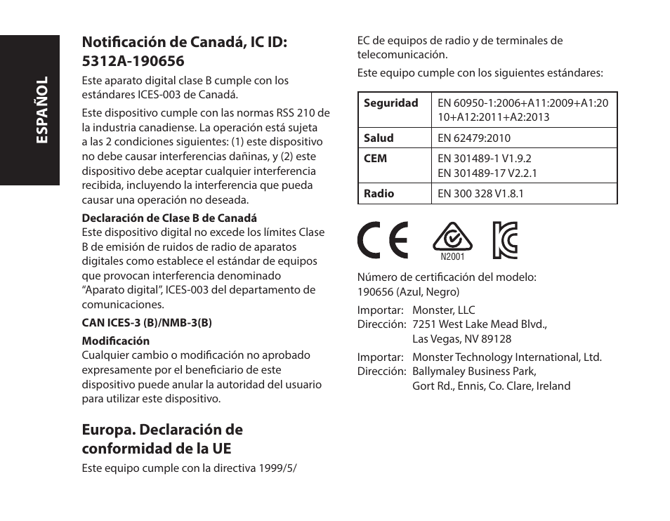 Europa. declaración de conformidad de la ue, Esp añol | Monster iSport Bluetooth Wireless In Ear Sport Headphones User Manual | Page 52 / 232