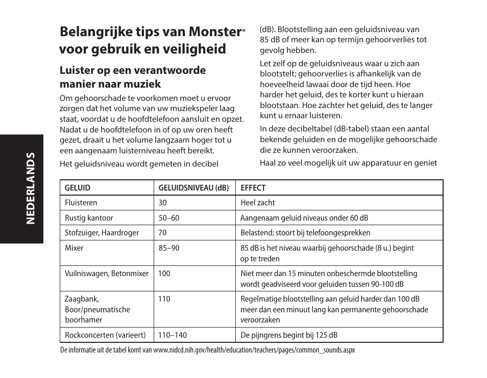 Belangrijke tips van monster, Voor gebruik en veiligheid, Luister op een verantwoorde manier naar muziek | Nederl ands | Monster iSport Bluetooth Wireless In Ear Sport Headphones User Manual | Page 58 / 232