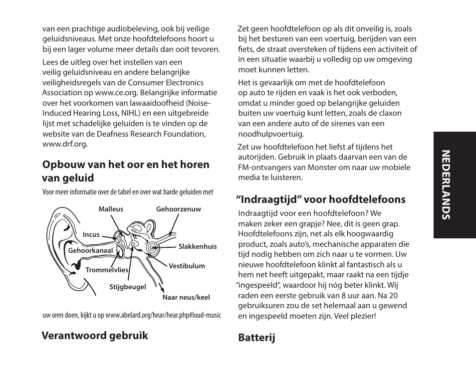 Opbouw van het oor en het horen van geluid, Verantwoord gebruik, Indraagtijd” voor hoofdtelefoons | Batterij, Nederl ands | Monster iSport Bluetooth Wireless In Ear Sport Headphones User Manual | Page 59 / 232