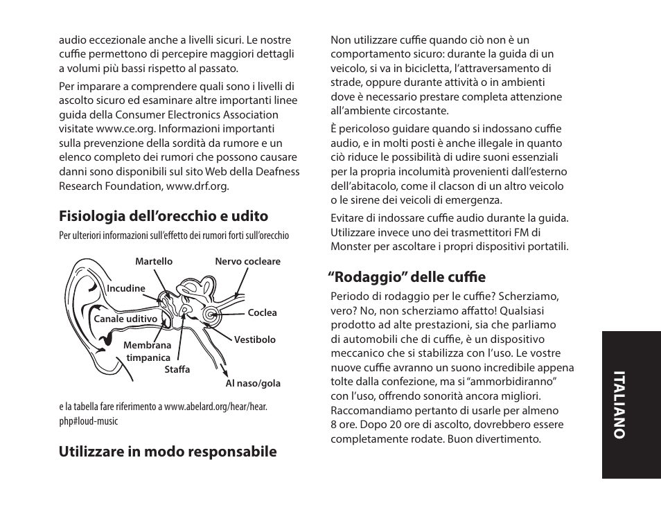 Fisiologia dell’orecchio e udito, Utilizzare in modo responsabile, Rodaggio” delle cuffie | It aliano | Monster iSport Bluetooth Wireless In Ear Sport Headphones User Manual | Page 73 / 232