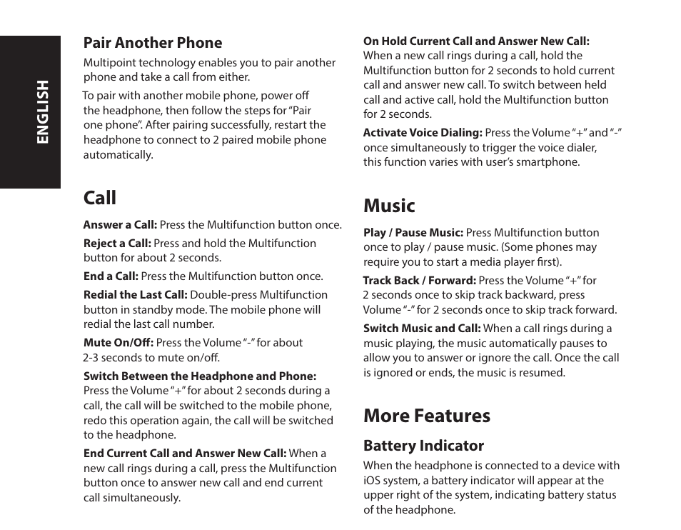 Call, Music, More features | Monster iSport Bluetooth Wireless In Ear Sport Headphones User Manual | Page 8 / 232